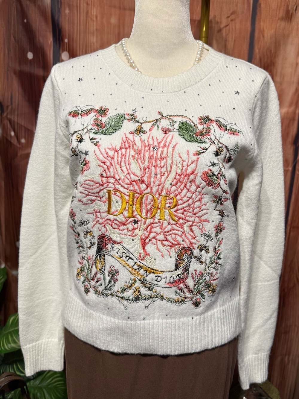 White Sweater with Pink Floral Embroidery and dark yellow Logo